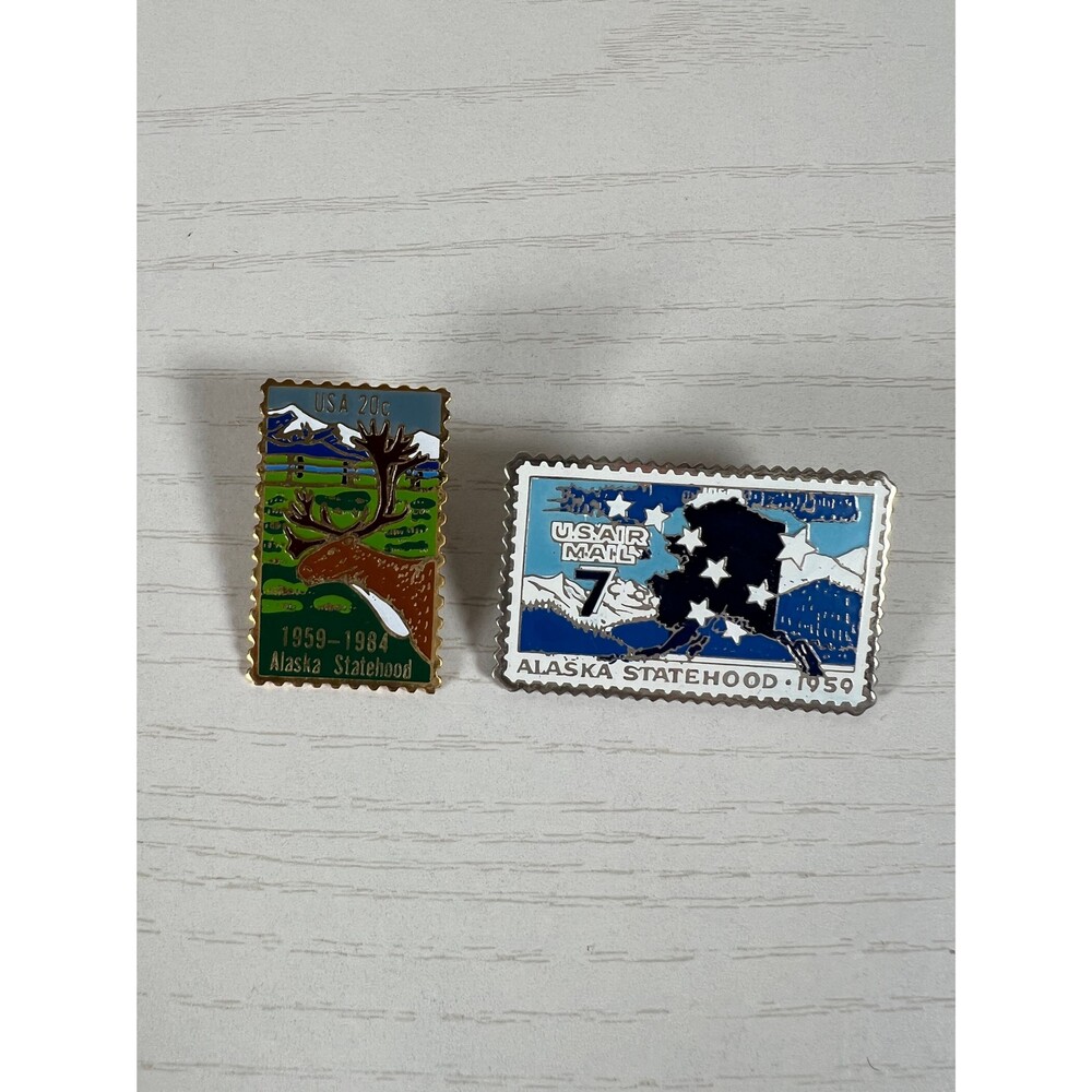 Lot of 2 Vintage 80s Alaska Postage Stamp Metal Pin Back Buttons